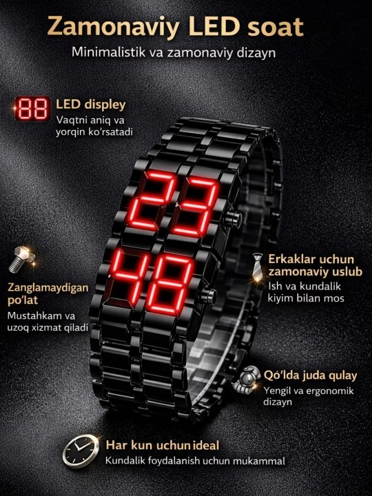 Erkaklar uchun LED soat bilaguzuk, yorqin displey qo'l soati, LED yoritgich, braslet