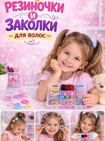 Набор резинок и заколок для девочек, в органайзере — UNISTYL-QIZALOQ-РАЗНОЦВ