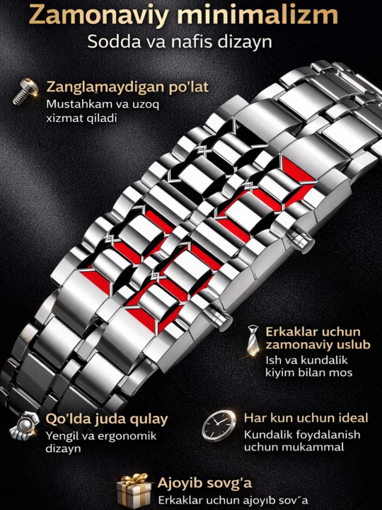 Erkaklar uchun LED soat bilaguzuk, yorqin displey qo'l soati, LED yoritgich, braslet