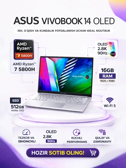 Noutbuk ASUS Vivobook 14 OLED 2.8K 90Hz, i5-11300H / Ryzen 7 5800H, 16GB 512GB SSD 9