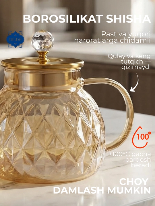Issiqlikka chidamli shishadan, prujina elakli shisha choynak