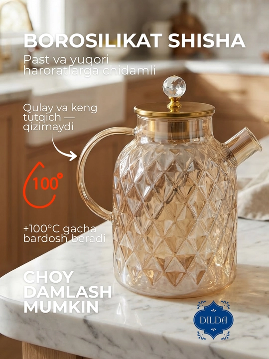 Issiqlikka chidamli shishadan, prujina elakli shisha choynak