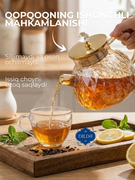 Issiqlikka chidamli shishadan, prujina elakli shisha choynak