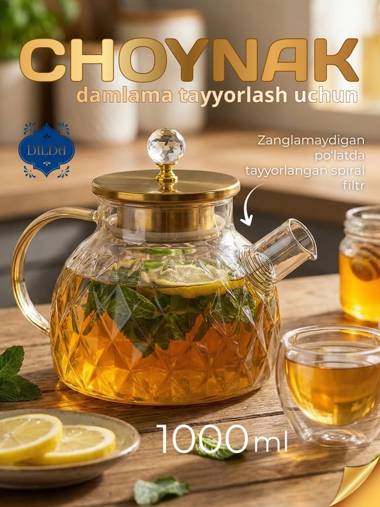 Issiqlikka chidamli shishadan, prujina elakli shisha choynak