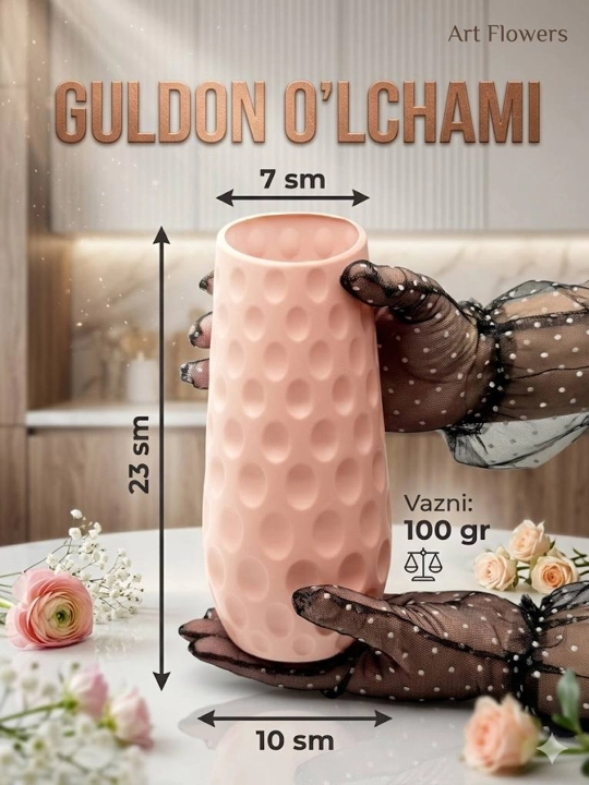 Tabiiy va sun’iy gullar uchun guldon vaza, plastik, kauchuk va plastmassa materiallardan