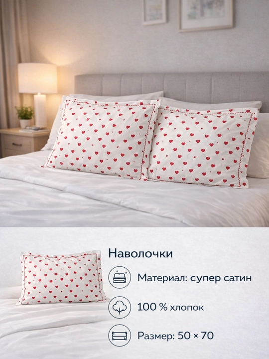 Комплект наволочек 50×70, cупер сатин, край с декоративной вышивкой, 2 шт - 
