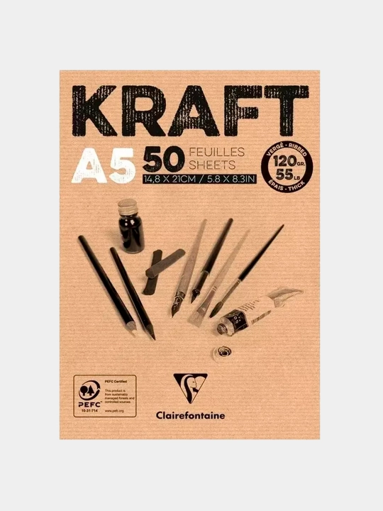 Sketchbuk-bloknot 50 varaq, Clairefontaine "Kraft" yelimidagi A5, 120 g/m2, yuqoriroq, kraft 975814C - 