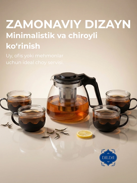 Стеклянный чайный набор: чайник и 4 кружки, сервиз с графином синий стеклянный