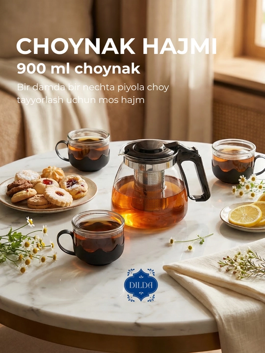 Стеклянный чайный набор: чайник и 4 кружки, сервиз с графином синий стеклянный