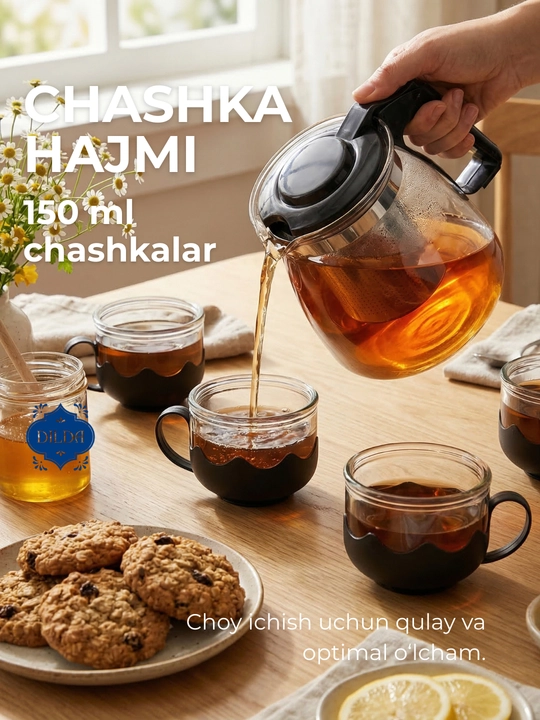 Стеклянный чайный набор: чайник и 4 кружки, сервиз с графином синий стеклянный