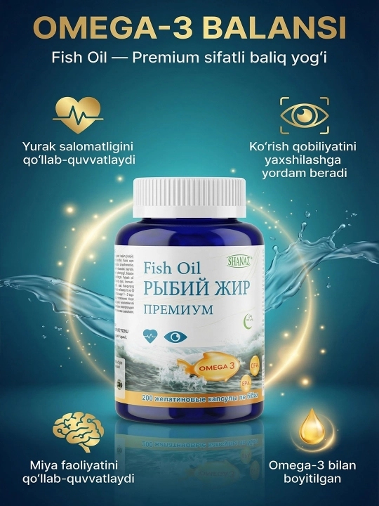 Baliq yog‘i, 500 mg, 200 kapsula, Omega-3 manbai - 
