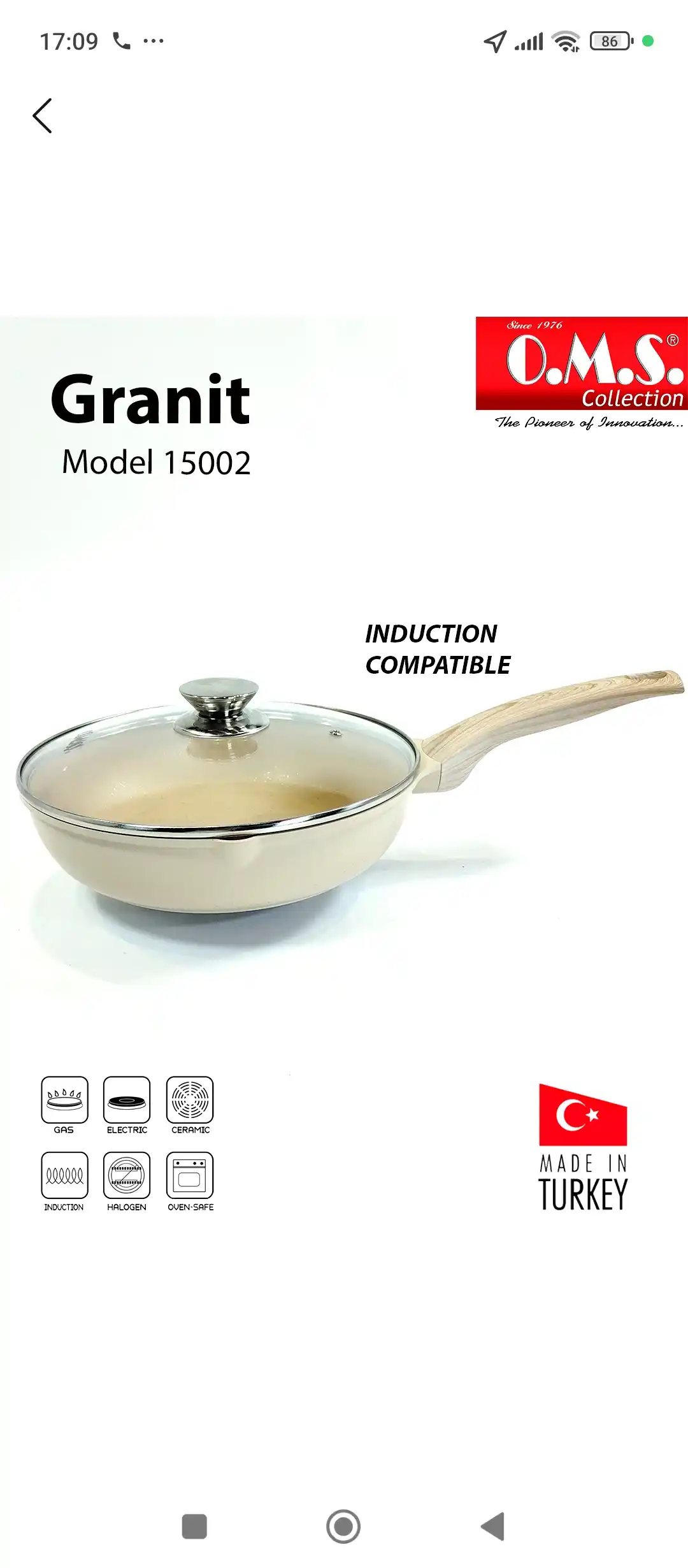 Granitdan yasalgan, yonishga qarshi qoplamali va O.M.S 15002 qopqoqli tova