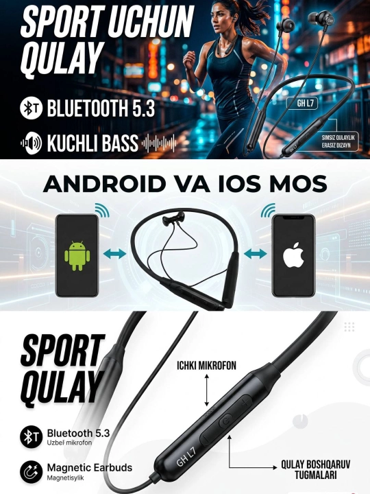 Спортивные Bluetooth наушники GH L7 беспроводные с шейным ободком, микрофоном и мощными  - 
