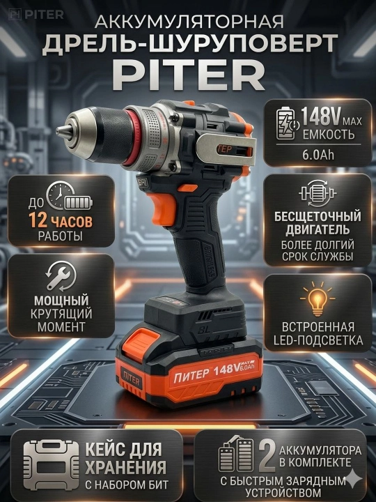 Шуруповёрт PITER 148V высокая мощность, профессиональный  - 