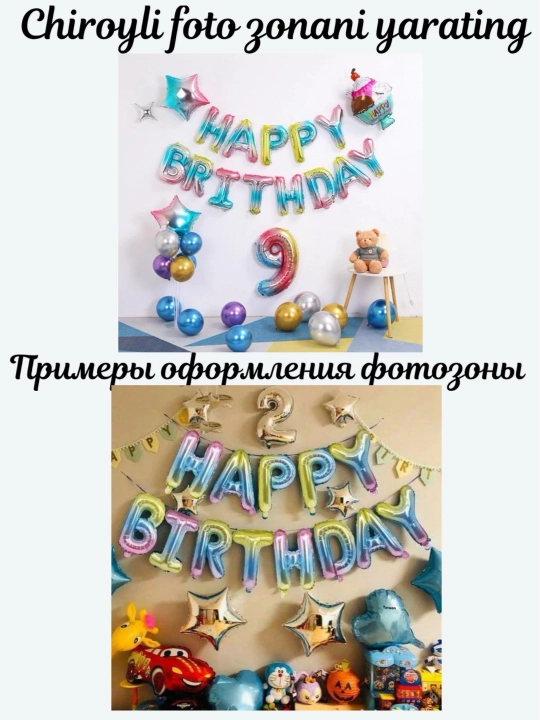 Harflar Happy Birthday sharlar tug'ilgan kun bilan, gulchambar yozuv, to'plam fotozonaga
