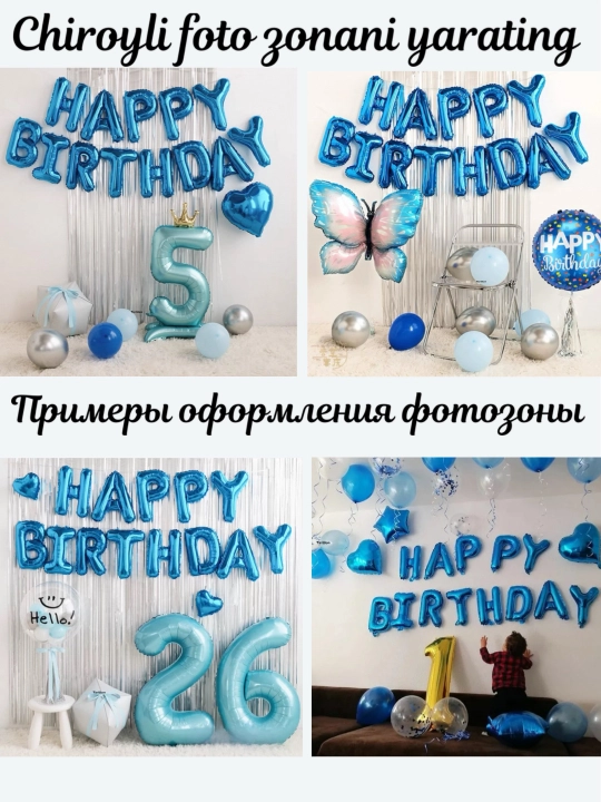 Harflar Happy Birthday sharlar tug'ilgan kun bilan, gulchambar yozuv, to'plam fotozonaga