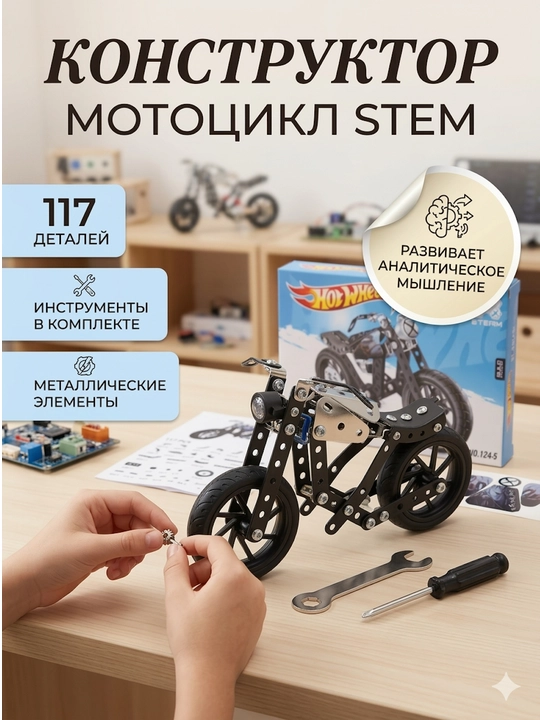 HOTWHEELS metall konstruktor Mototsikl, bolalar uchun metalldan yig'iladigan model - 