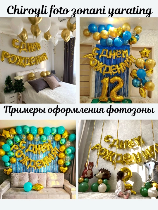 Harflar Happy Birthday sharlar tug'ilgan kun bilan, gulchambar yozuv, to'plam fotozonaga