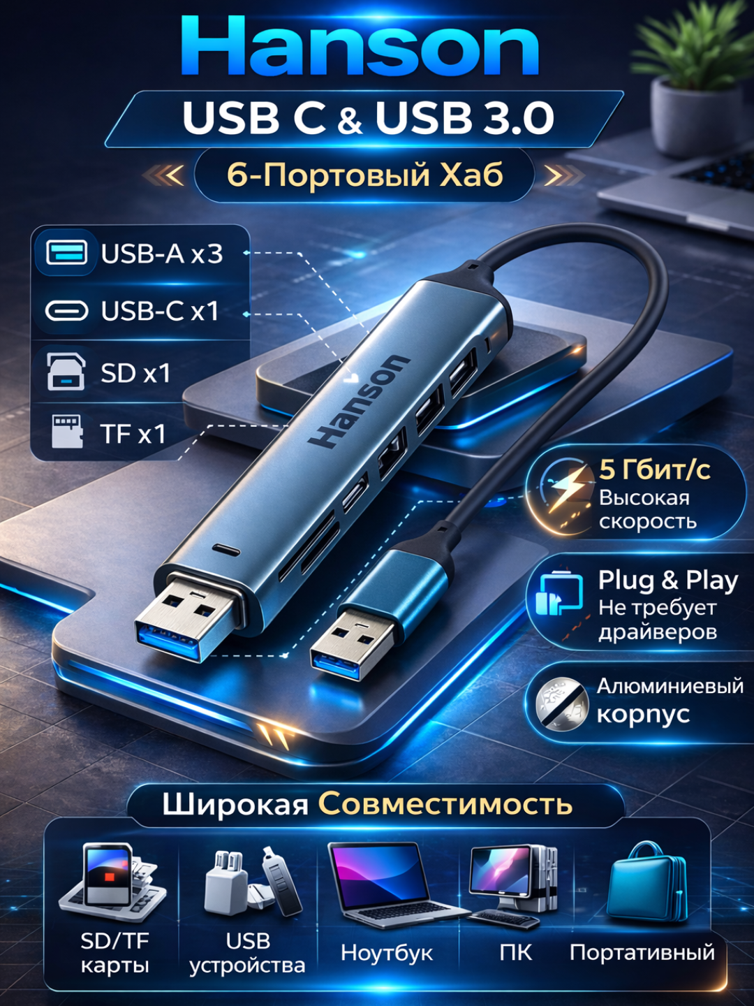 Hanson USB-C Hub 6-in-1 | USB 3.0, SD/TF, 5Gbps tezkor adapter - 