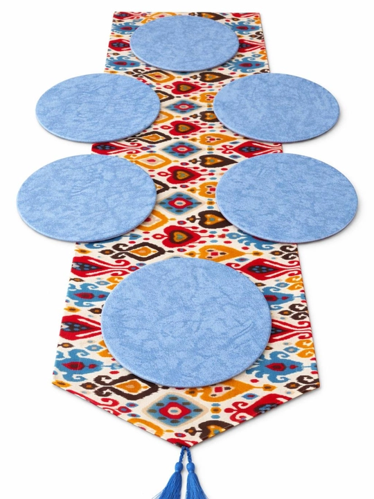 Milliy matodan dasturxon, stol uchun ranner va 6 ta likopcha, o‘lchami 40 x 180 sm