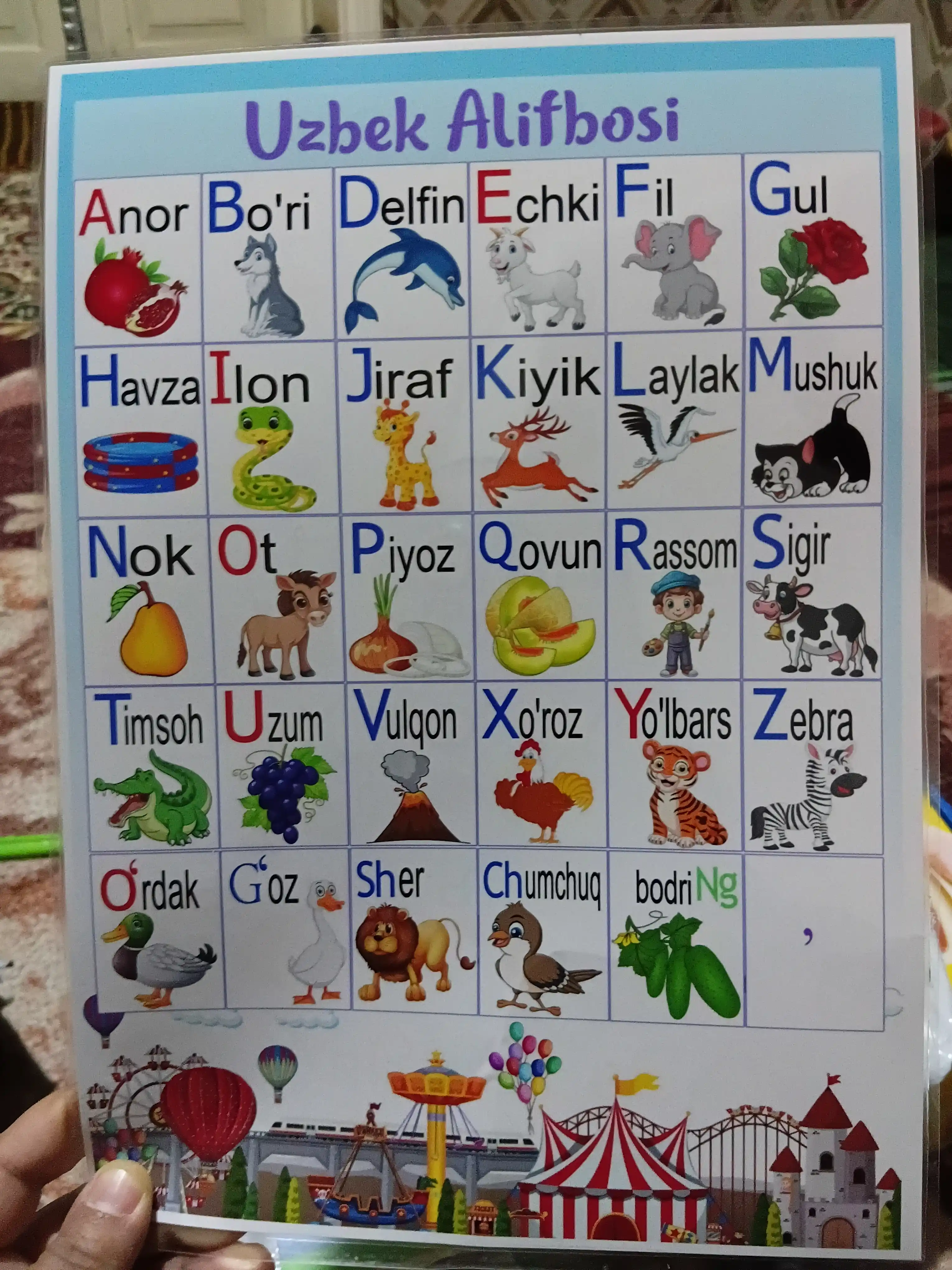 Bir varaqda 2 ta alifboning laminatsiyalangan plakati: o’zbek, rus, ingliz, arab
