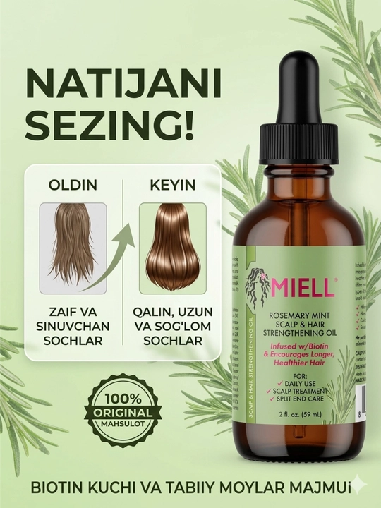 Mielle Sochni mustahkamlash uchun biotinli rozmarin yog'i, yalpiz bilan, 59 ml