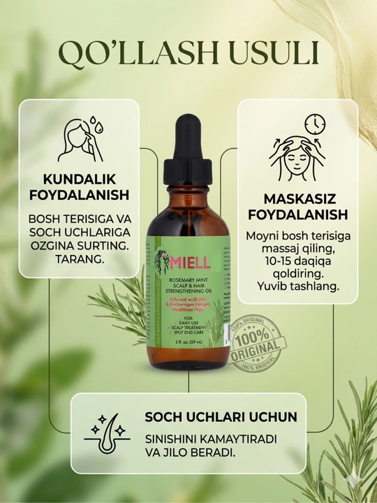 Mielle Sochni mustahkamlash uchun biotinli rozmarin yog'i, yalpiz bilan, 59 ml