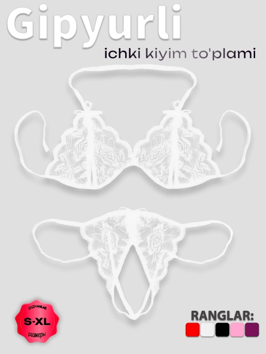 Ayollar ichki kiyimi to‘plami, to‘rli byustgalter va stringlar, ochiq dizayn, to‘r - 