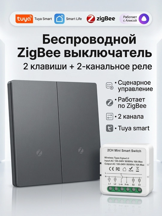 Tuya ZigBee aqlli simsiz kalit + 2 kanalli rele, Alisa bilan ishlaydi, aqlli uy uchun - 