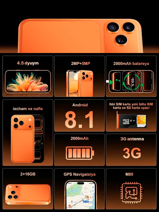 Sensorli smartfon, 4,5 dyumli ekran, kichik bolalar uchun mini-telefon, Android 2/16 GB