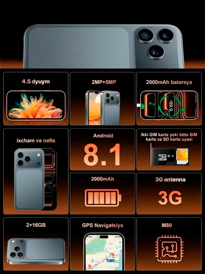 Sensorli smartfon, 4,5 dyumli ekran, kichik bolalar uchun mini-telefon, Android 2/16 GB