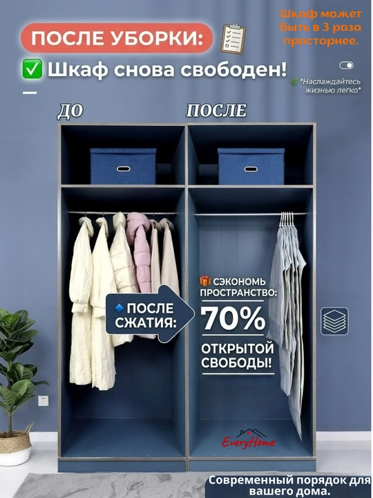 Вакуумный пакет для хранения вещей и одежды с вешалкой на 5 ячеек,Подвесной,многоразовый