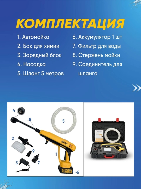 Аккумуляторная мойка Rolf TOP-1021: 300 Вт, давление до 3.45 МПа, струя 10 м и 3 л/мин