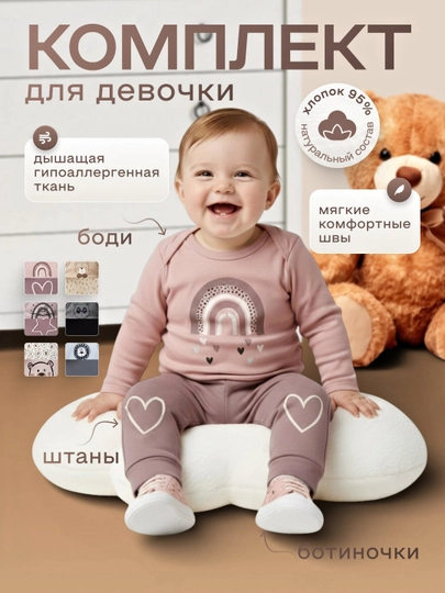 Детский костюм летний для новорожденных 3 в 1, для малышей, хлопок — MMDKIDS-ТРОЙКА4-ПУДР-6 месяцев