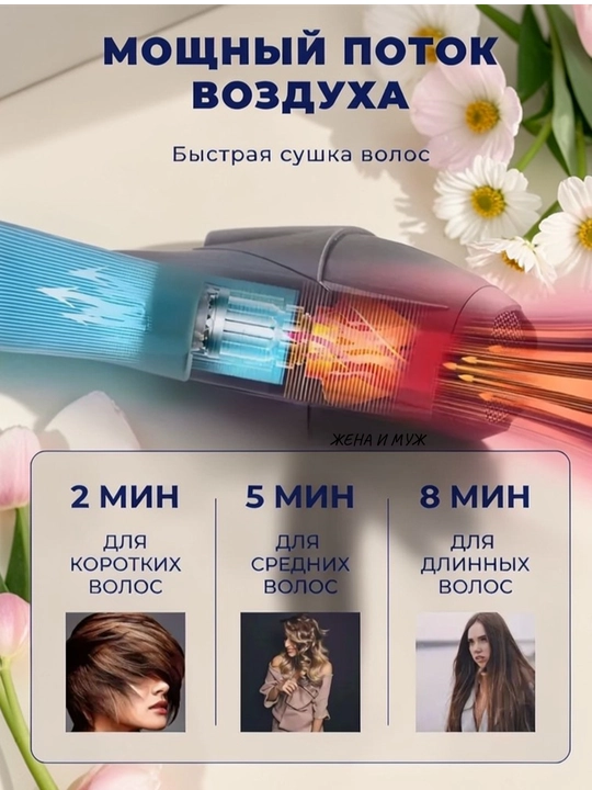 Фен для волос Sochlarni 6X Professional, черный, 2 насадки, 3 температурных режима, 2200Вт
