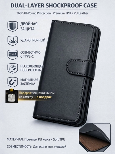 Чехол-книжка для iPhone с функцией подставки, магнитная застежка, PU кожа + TPU