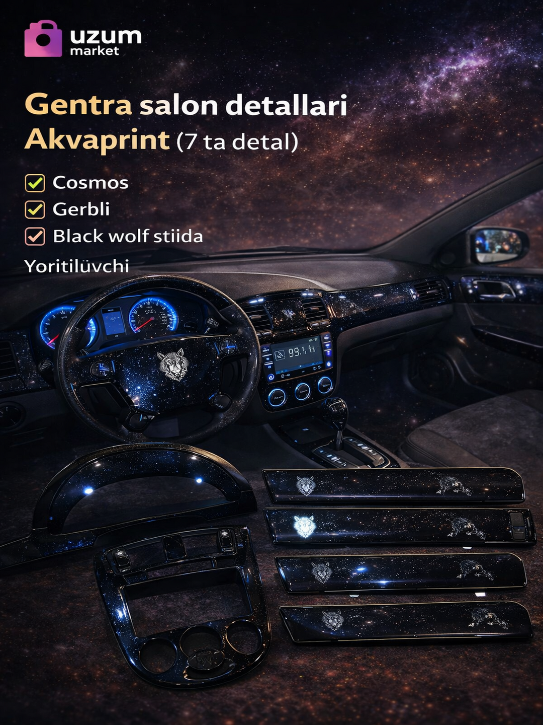 Детали Gentra Аквапринт, 7 деталей, в стиле Космос, Гербом и  Black wolf c подсветкой