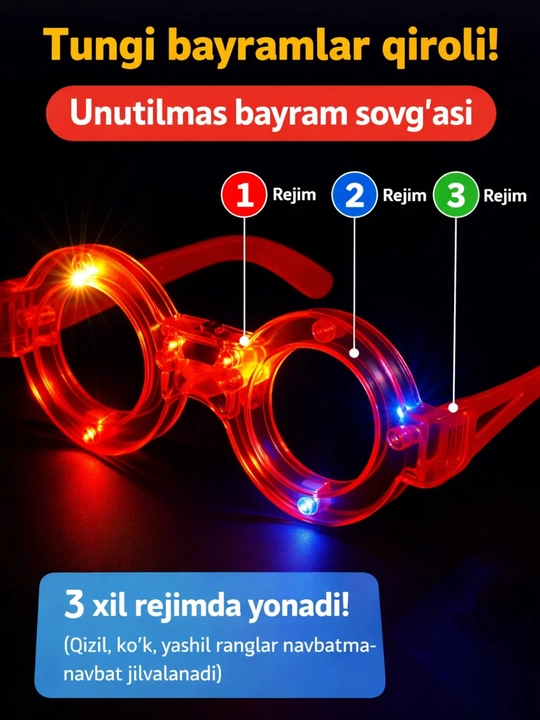 LED yoritgichli bayramona ko‘zoynak, 3 xil rejimda yonadi
