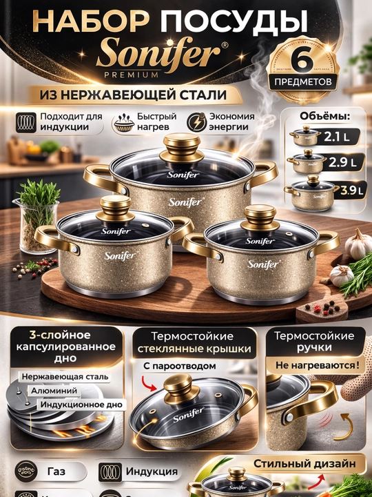 Qozonlar nabori 3 dona, Sonifer zanglamas po‘lat, shisha qopqoqli, SF-1201 - 