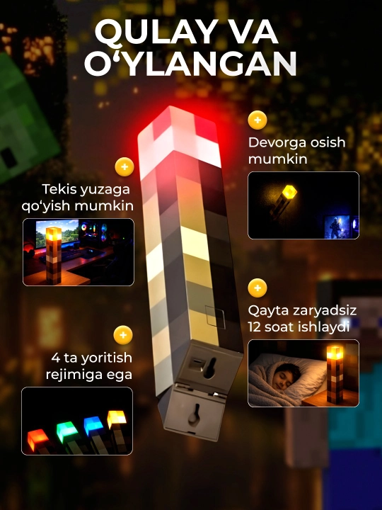 Minecraft LED tungi chiroq-fakel, dekorativ yoritgich maynkraft mario
