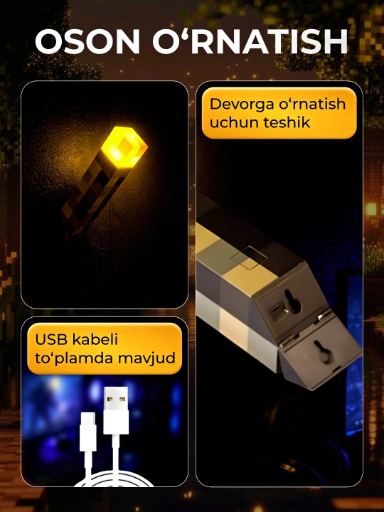 Minecraft LED tungi chiroq-fakel, dekorativ yoritgich maynkraft mario