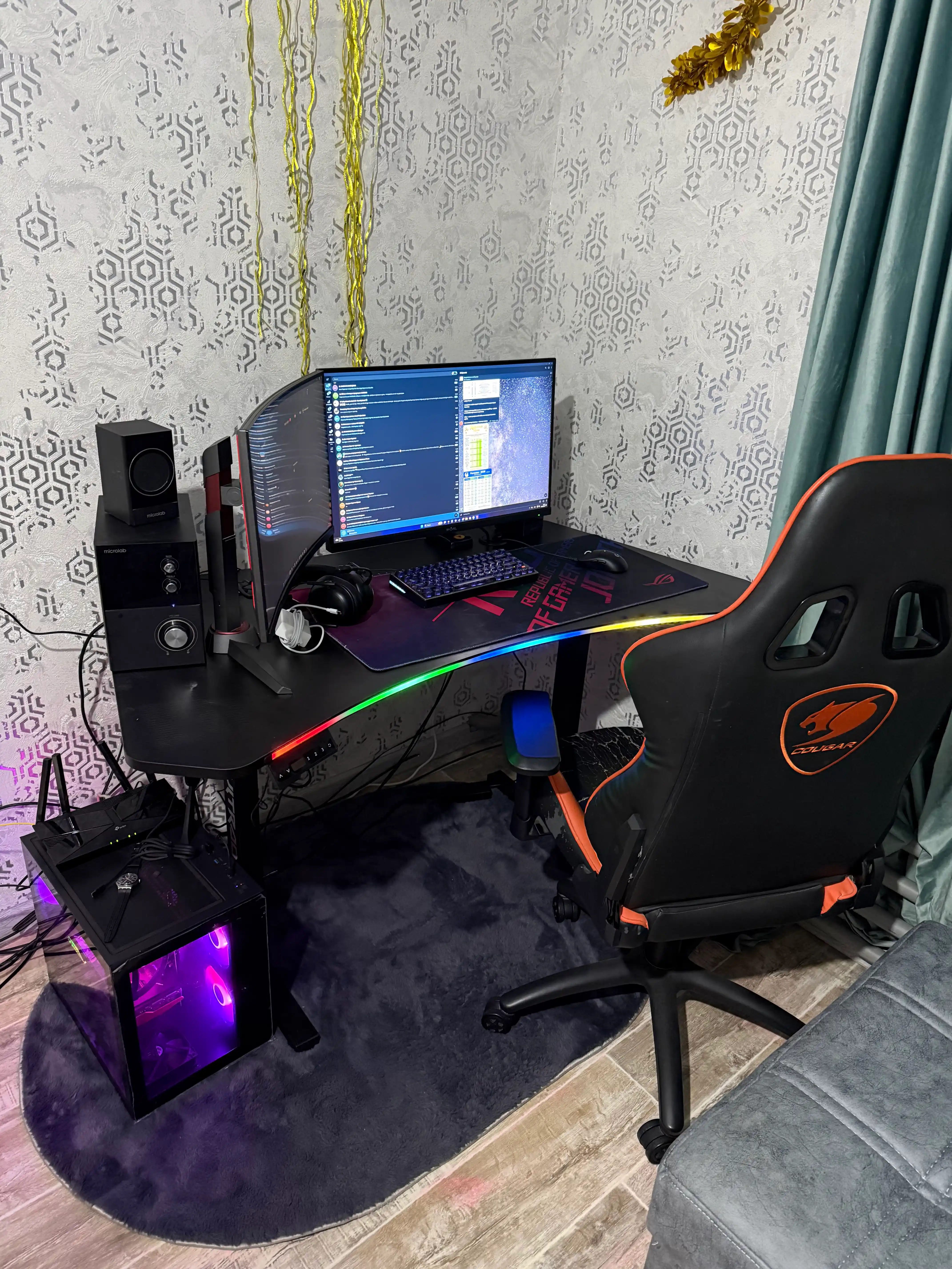 144×74 sm o‘lchamdagi elektr boshqariladigan kompyuter stoli, RGB yoritgichli, Level2 karbon stol