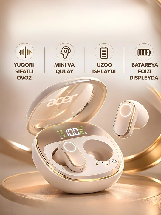 Acer TWS Bluetooth 5.4 simsiz quloqchin, ENC shovqinni kamaytirish, Hi-Fi stereo ovoz - 