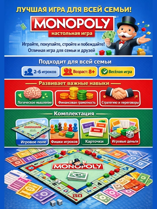 Монополия, настольная игра, увлекательная экономическая игра для всей семьи - 