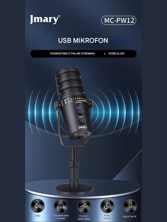 Jmary MC-PW12 USB ish stoli mikrofoni, kompyuter, strim, podkast uchun studiya mikrofoni