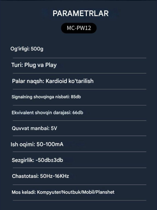 Jmary MC-PW12 USB ish stoli mikrofoni, kompyuter, strim, podkast uchun studiya mikrofoni