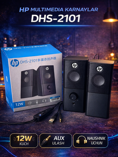 HP DHS-2101 Multimedia Karnaylari 12W Stereo Ovoz AUX va Naushnik Chiqishi Kompyuter uchun - 