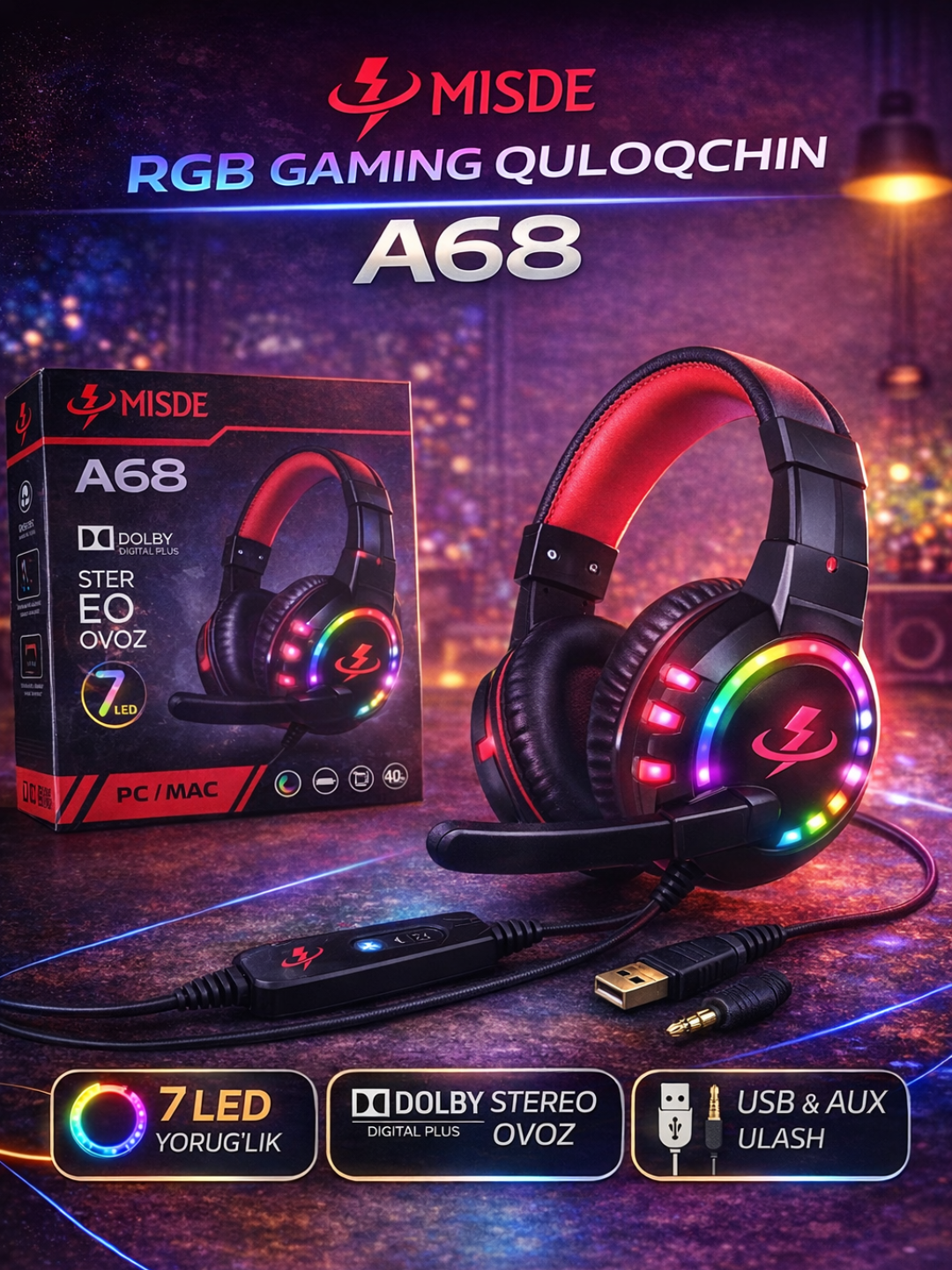 MISDE A68 RGB Gaming Quloqchin, Stereo Ovoz, Mikrofon, USB va AUX, PC uchun - 