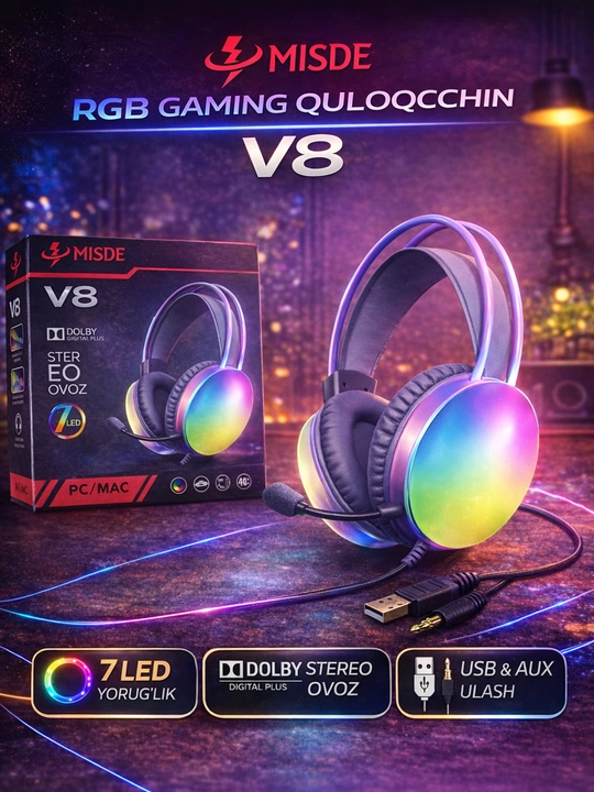 MISDE V8 RGB Gaming Quloqchin, Stereo Ovoz, Mikrofon, USB va AUX ulanish, PC uchun - 