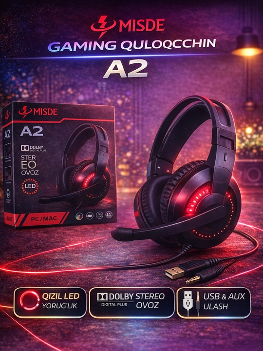 MISDE A2 Gaming Quloqchin, Stereo Ovoz, Mikrofon, Qizil LED, USB va AUX ulanish - 